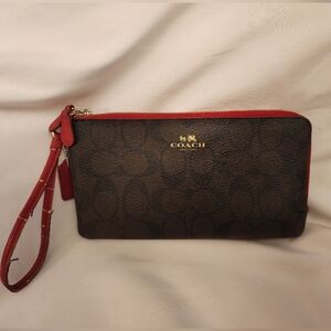 Coach Brown and Red Wristlet Without Carrying-Strap